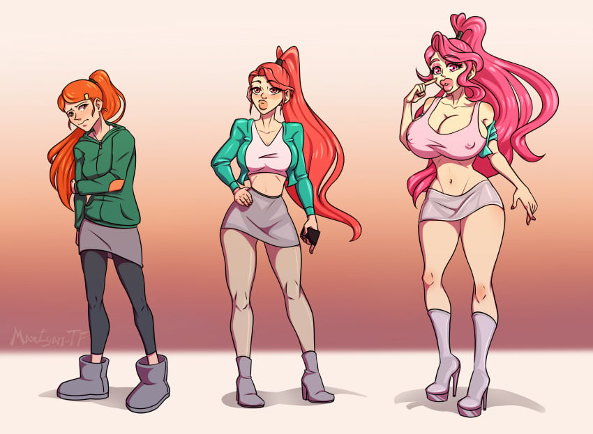 1girls artist_signature big_lips bimbo bimbofication breast_expansion breasts cartoon_network female female_protagonist hbo_max infinity_train maxtyan-tf mind_break orange_hair pink_hair transformation tulip_olsen