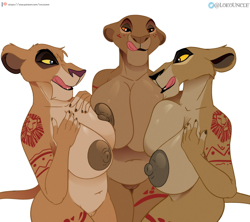 5_fingers absurd_res anthro areola big_breasts blue_eyes bodypaint breast_squish breasts brown_body brown_fur colored_nails digital_media_(artwork) disney el-loko face_paint felid female fingers fur genitals group hand_on_breast hi_res huge_breasts lion mammal mature_anthro mature_female nails navel nipples nude open_mouth pantherine presenting presenting_breasts pussy red_eyes sarabi simple_background slightly_chubby smile squish tan_body tan_fur teeth text the_lion_king the_lion_king_ii:_simba's_pride tongue tongue_out url vitani zira