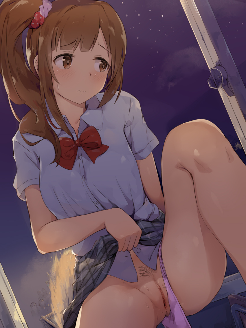 1girls bare_knees bare_thighs brown_eyes brown_hair clitoral_hood clitoris eyebrows_visible_through_hair female female_pubic_hair idolmaster igarashi_kyouko in_public knees looking_away looking_away_from_viewer medium_breasts moderate_pubic_hair neck_ribbon night_sky pantsu panty_pull pleated_skirt pubic_hair pussy pussy_juice_stain scrunchie seneto serafuku side_ponytail sitting skirt_lift tagme the_idolm@ster the_idolm@ster_cinderella_girls uncensored wet