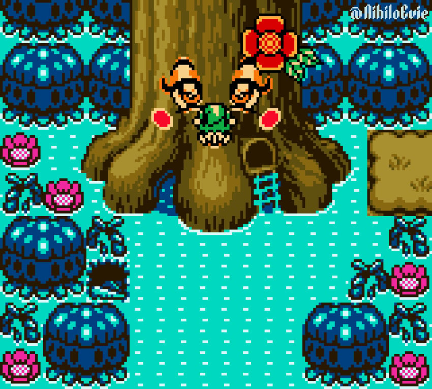 animated anthro fellatio flora_fauna game_cg link maku_tree nihiloevie oracle_of_ages pixel_art plant plant_girl size_difference the_legend_of_zelda throat_fuck throat_swabbing tree tree_girl water