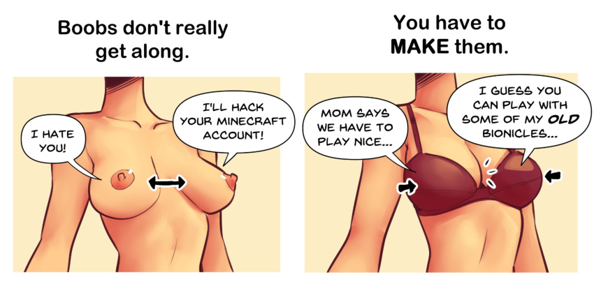 1girls 2koma big_breasts bra breasts cleavage comic educational english_text female_focus female_only highres humor nipples nortuet original original_character simple_background solo talking_breasts text tutorial