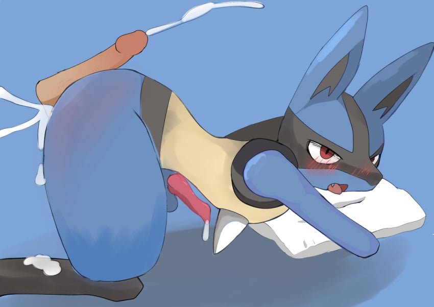 ahkin all_fours anthro blush bodily_fluids cum cum_drip cum_in_ass cum_inside cumshot dripping ejaculation from_behind_position genital_fluids head_on_pillow hot_dogging human human_on_anthro interspecies leaking_cum lucario male male/male male_only mammal nintendo pillow poképhilia pokemon pokemon_(species) powerful_sub sex simple_background solo video_games