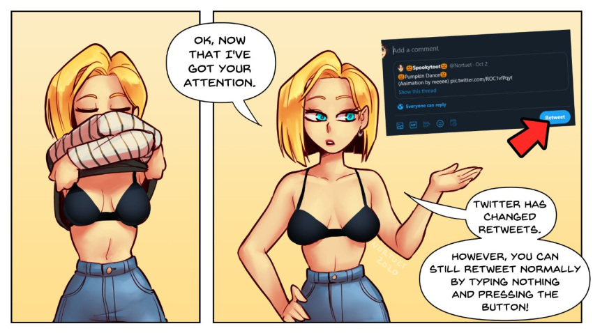 1girls 2koma android_18 blonde_hair blue_eyes bra breasts cleavage clothed comic dragon_ball english_text female_focus female_only medium_breasts nortuet public_service_announcement revealing_clothes short_hair solo text twitter undressing