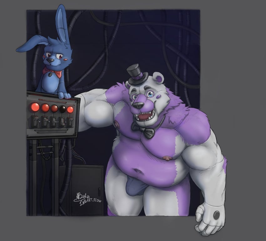 2020 2boys angry animatronic annoyed anthro areola barazoku biceps blue_body blue_eyes blue_fur bow_tie bulge chubby_anthro chubby_male clothed clothing duo fangs five_nights_at_freddy's five_nights_at_freddy's:_sister_location funtime_freddy_(fnafsl) fur hi_res inkart_flow lagomorph leporid long_ears looking_at_viewer looking_down machine male male_only mammal manly mostly_nude multicolored_body multicolored_fur muscular navel nipples open_mouth pecs pink_eyes pink_tongue puppet puppet_bonnie_(fnafsl) purple_body purple_fur rabbit robot round_ears sharp_teeth sister_location size_difference slightly_chubby smile standing switch teeth thick_thighs tongue triceps underwear ursid video_games white_body white_fur wire