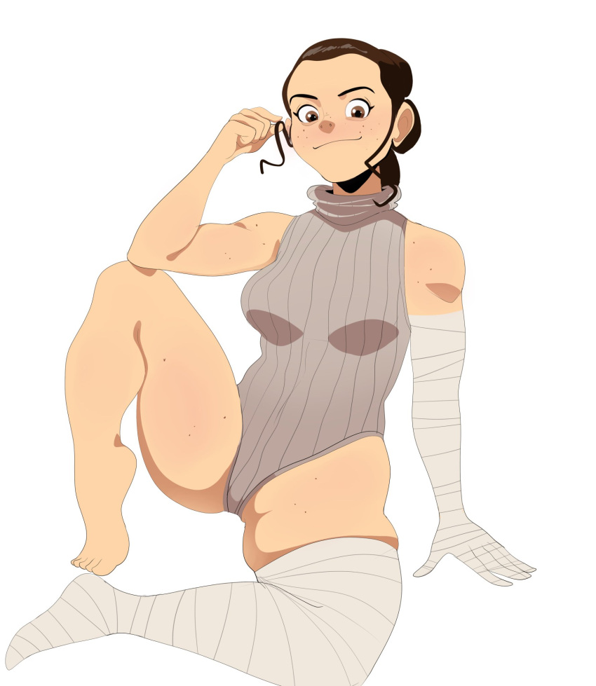 armwear bandages barrybbeesly breasts brown_eyes brown_hair freckles hair_bun hand_to_head leotard looking_at_viewer playing_with_hair rey smile star_wars sweater thick_thighs toned