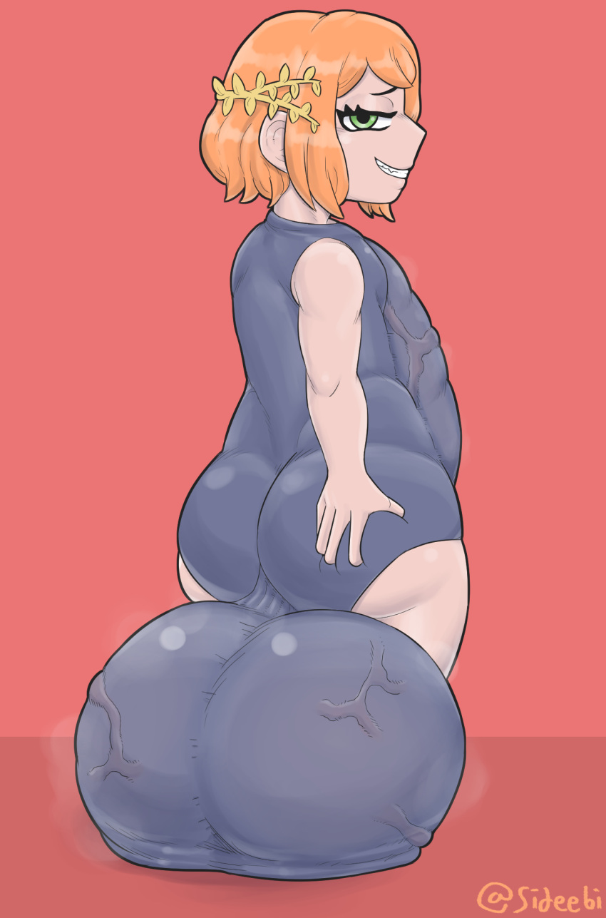 1futa bottom_heavy bulge flat_chest futa_only futanari green_eyes hyper hyper_balls hyper_penis orange_hair original_character sideebi solo_futa steam swimsuit tight_clothing veiny_penis