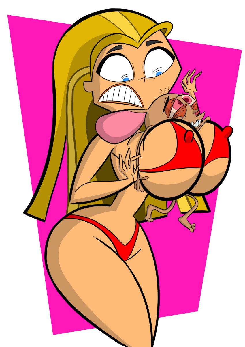 belly bikini blonde_hair bra breast_grab breasts bulge bulging_nipples codykins123 crossover curvy curvy_figure female lindsay_(tdi) lips looking_down male nipples nipples_bulge no_navel pervert red_bra ren_and_stimpy ren_hoek sexual_harassment slim2k6 thick_thighs thong total_drama_island wide_hips