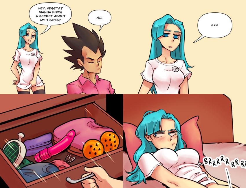 1boy 1girls 4koma bed big_breasts black_hair blue_eyes blue_hair blush breasts bulma_briefs bulma_briefs_(post_frieza_saga) capsule_corporation_logo clothed comic dildo dragon_ball dragon_ball_(object) dragon_ball_z dragon_radar english_text female_masturbation frustrated highres implied_masturbation long_hair married_couple milf nortuet on_back sex_toy short_hair shounen_jump simple_background text vegeta vibrator