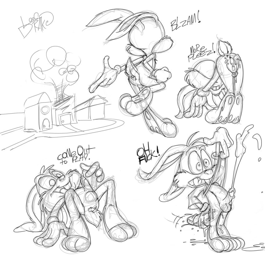 anthro buster_bunny cum ejaculation fur furry looqdrake male male_only mammal monochrome penis rabbit sketch tagme tiny_toon_adventures