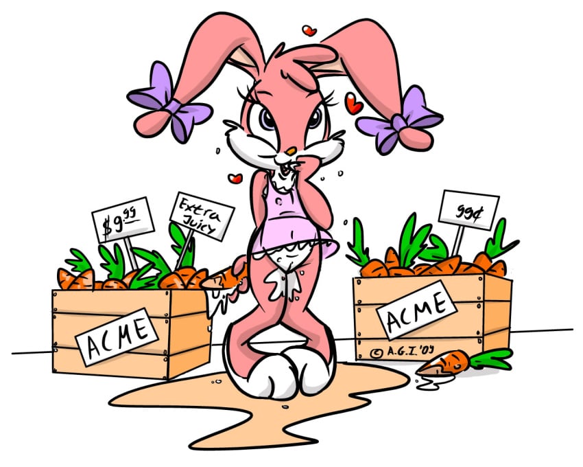 2009 a.g.i. anthro babs_bunny barefoot bottomless carrot clothes crate cub female female_only front_view fur furry furry_ears long_ears mammal pussy_juice rabbit solo standing tagme tiny_toon_adventures uncensored