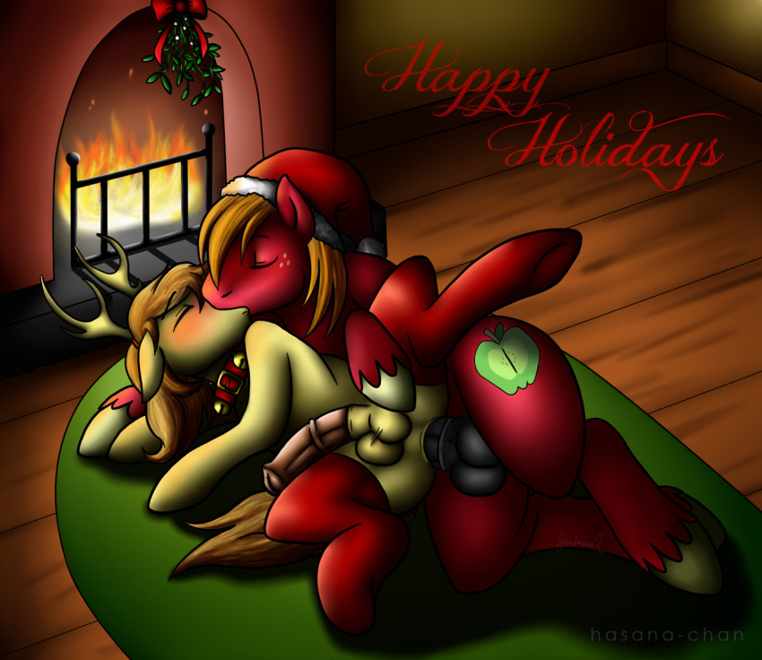 2013 anal anal_sex antlers big_macintosh_(mlp) black_penis blush braeburn_(mlp) christmas closed_eyes collar colored earth_pony equine fire freckles friendship_is_magic fur hasana-chan hat holidays horn horse incest kissing male male_only multiple_males my_little_pony on_side penetration penis pony santa_hat stockings yaoi