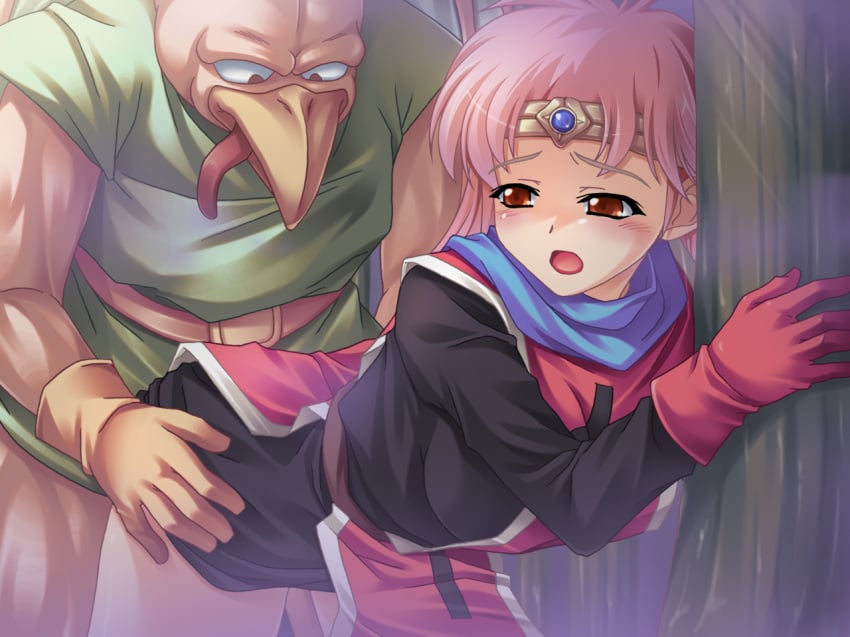 blush clothed_sex clothing dragon_quest dragon_quest_dai_no_daibouken female maam medium_breasts monster pink_hair reason_(artist) red_eyes sex