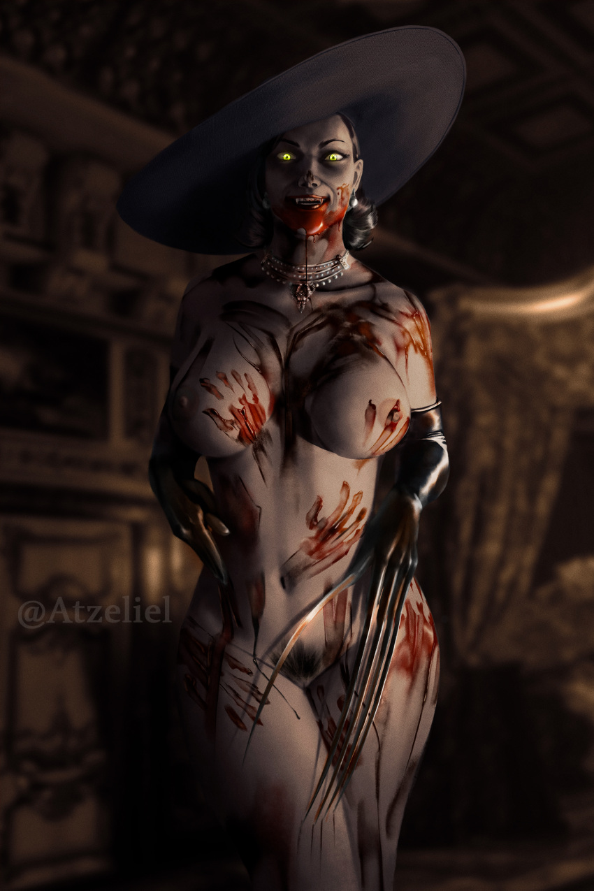 alcina_dimitrescu areolae atzeliel big_hat black_hair black_pubic_hair blood bloody bloody_handprint bloody_handprints capcom covered_in_blood earrings eye_contact fangs female_only giantess gloves gloves_only hairy_pussy horror hourglass_figure huge_breasts large_breasts looking_at_viewer mature mature_female mature_woman naked necklace necklace_only nipples nude nude_female pale-skinned_female pale_skin perky_breasts resident_evil resident_evil_8:_village sharp_claws standing sun_hat sunhat thighs vampire vampire_fangs voluptuous wavy_hair wide_hips yellow_eyes