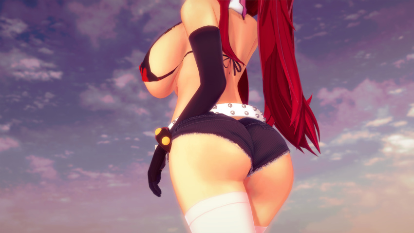 1girls 3d 3d_(artwork) bare_shoulders beach belt big_breasts bikini_top curvy elbow_gloves female_focus female_only hotpants huge_breasts koikatsu large_breasts long_hair patreon pink_legwear pinup pinup_pose ponytail red_hair revealing_clothes scarf skull_hair_ornament solo takeo92 tengen_toppa_gurren_lagann text thick_thighs yellow_eyes yoko_littner