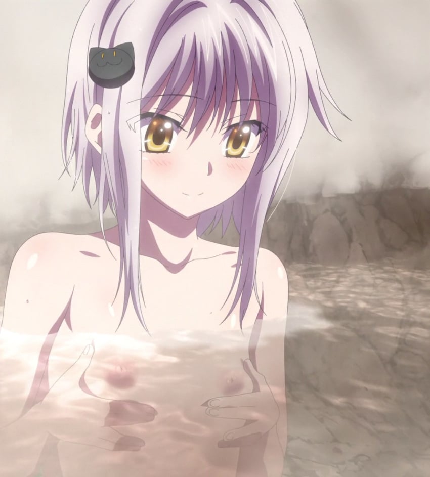 1girls bathing blush cute demon_girl female hair_ornament high_school_dxd holding_breasts koneko_toujou nekomimi nude sauna screencap screenshot short_hair sidelocks small_breasts smile tnk_(company) topless water white_hair yellow_eyes