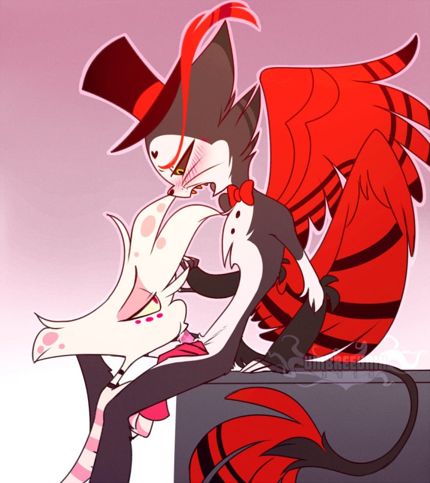 2boys alcohol angel_dust_(hazbin_hotel) arachnid arthropod avian cat_demon cat_humanoid cum demon genitals hazbin_hotel hi_res husk_(hazbin_hotel) male male/male male_only oral oral_sex penis spider umbreeunix vivienne_medrano whiskers yaoi