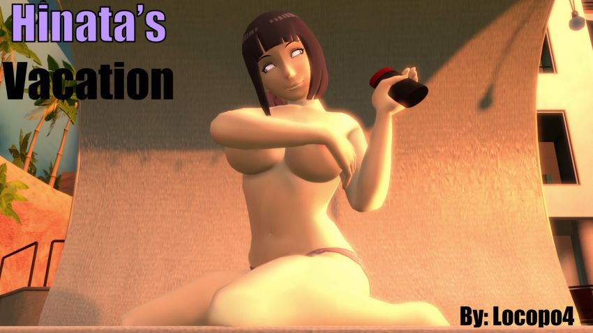 1girls 3d barefoot beach blue_hair bob_cut boruto:_naruto_next_generations breasts covered_nipples covering_breasts english_text female female_focus female_only hand_bra handbra holding_object hyuuga_hinata kneeling legs locopo looking_at_viewer mature mature_female medium_breasts medium_hair milf naruto naruto_(series) nipples on_knees outdoors panties perky_breasts pink_nipples pose posing purple_eyes purple_panties purple_thong shoulder_length_hair smile smiling solo_focus sunscreen sunset thighs thong topless topless_female violet_eyes