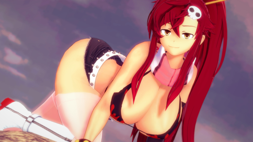 1girls 3d 3d_(artwork) bare_shoulders beach belt big_breasts bikini_top curvy elbow_gloves female_focus female_only hotpants huge_breasts koikatsu large_breasts long_hair looking_at_viewer patreon pink_legwear pinup pinup_pose ponytail red_hair revealing_clothes scarf skull_hair_ornament solo takeo92 tengen_toppa_gurren_lagann text thick_thighs yellow_eyes yoko_littner