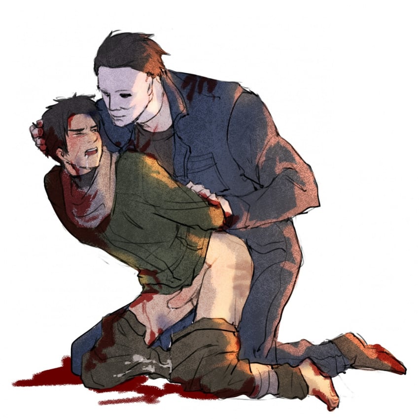 2boys anal anal_penetration anal_sex arms_behind_back arms_held_back artist_request blood bloody_clothes cum cum_while_penetrated dead_by_daylight doggy_style_position domination fictional_interracial forced forced_anal forced_yaoi from_behind gay guro halloween_(series) human human_only jake_park male male/male male_on_male male_only michael_myers pants_down prison_guard_kneeling prison_guard_position rape restrained the_shape undead white_background yaoi zombie