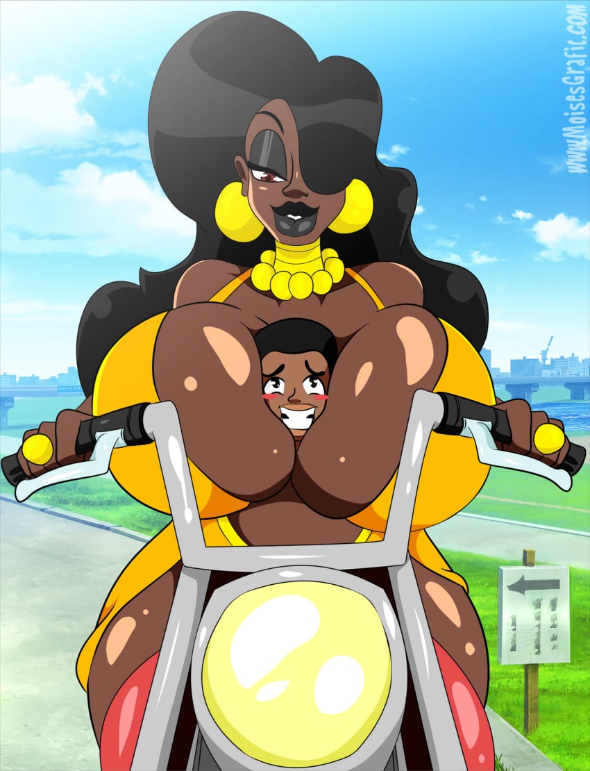 1boy 1girls big_breasts bimbo black_hair black_makeup blush boobytrapped clothing_entrapment dark-skinned_female dark-skinned_male female giantess hair_over_one_eye moisesgrafic motorcycle ms._ruby newdity ruby's_pleasures squeezing_breast stuffed_in_clothing trapped_between_breasts trapped_in_clothing