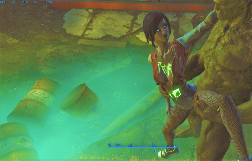 1boy 1girls 3d baseball_uniform bethesda_softworks black_hair black_lipstick cum_on_body cum_on_breasts f.e.v fallout fallout_(series) fallout_4 fishnet_legwear gameplay_mechanics glowing_cum glowing_eyes neon_lights radiation short_hair shorts standing_sex super_mutant vault_meat