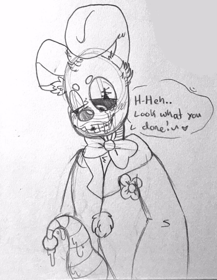 2020 animatronic anthro bodily_fluids bow_tie candyxxxcorpse clothed clothing clown clown_springtrap_(fnaf) cum dialogue english_text erection five_nights_at_freddy's flower genital_fluids genitals hi_res lagomorph leporid long_ears looking_at_genitalia looking_down machine male male_only mammal monochrome penis plant rabbit robot sketch solo springtrap springtrap_(fnaf) talking_to_viewer tapering_penis text traditional_media_(artwork) unusual_genitalia unusual_penis video_games