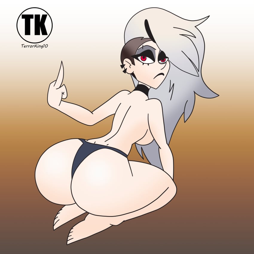 1girls ass big_ass black_lipstick dat_ass goth gray_hair helluva_boss human_loona humanized loona_(helluva_boss) middle_finger red_eyes sidecut tagme terrorking10 thin_waist thong thong_panties vivienne_medrano white_skin wide_hips