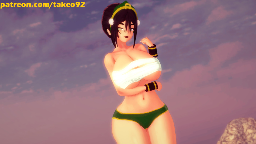 1girls 3d 3d_(artwork) alternate_breast_size avatar_the_last_airbender big_ass big_breasts black_hair black_lipstick chest_wraps curvaceous curvy female female_only hair_ornament huge_breasts koikatsu large_ass large_breasts looking_at_viewer panties patreon pinup revealing_clothes smug solo takeo92 text thick_thighs toph_bei_fong wide_hips