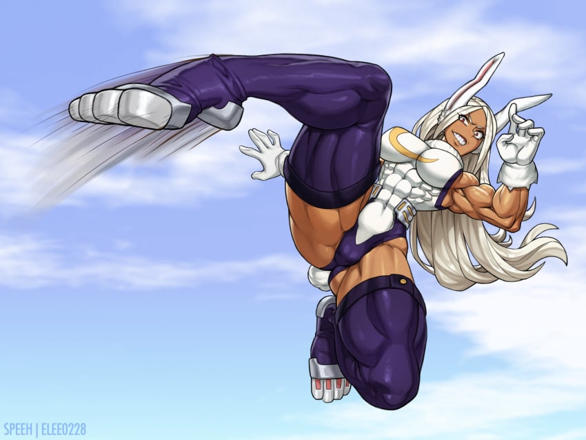 1girls abs action_pose biceps dark-skinned_female dark_skin elee0228 extreme_muscles female female_only fighting_pose gritted_teeth huge_muscles hyper_muscles jumping kicking large_breasts leotard miruko muscles muscular muscular_female my_hero_academia purple_thighhighs rumi_usagiyama sefuart solo solo_female thick_thighs thighhighs tight_clothing white_gloves