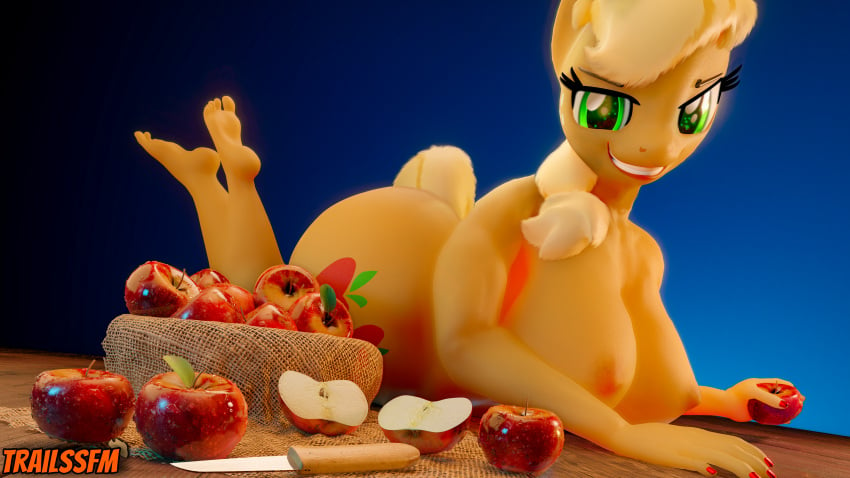 16:9 3d 3d_(artwork) 4k absurd_res anthro anthrofied apple applejack_(mlp) ass blender blender_(software) blonde_hair bowl breasts digital_media_(artwork) equid equine female food friendship_is_magic fruit green_eyes hair hasbro hi_res horse knife looking_at_viewer lying mammal my_little_pony nipples on_front plant pony ponytail straight_hair trailssfm widescreen