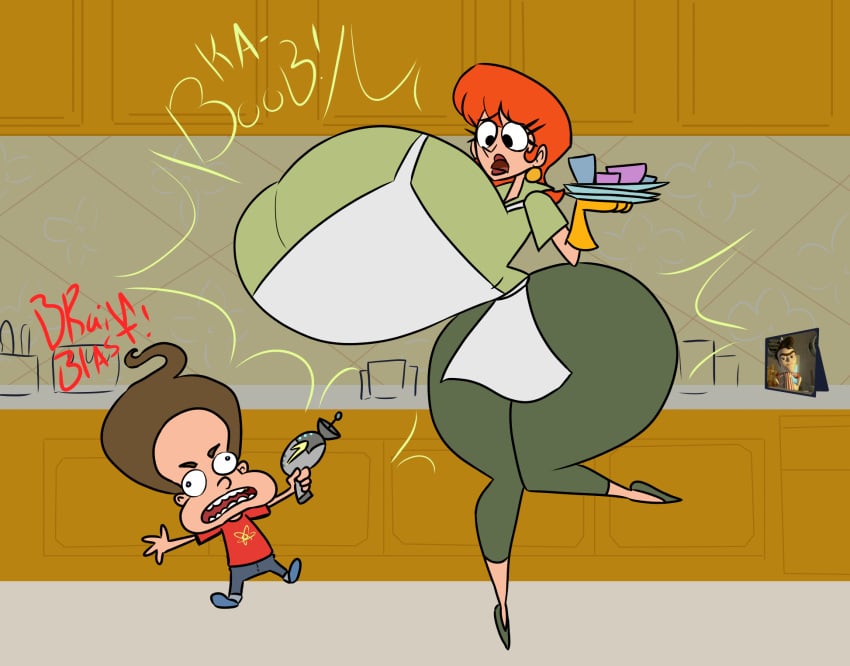 1boy 1girls apron atom breast_expansion breasts brown_hair cartoon_network crossover curvy_female da-fuze dexter's_laboratory dexter's_mom dishes earrings english_text eyelashes full_body gloves heels hips hyper_breasts indoors jimmy_neutron jimmy_neutron_boy_genius kitchen large_breasts lips milf narrow_waist nickelodeon nicktoons orange_hair paramount_pictures raygun shocked shocked_expression skeet standing_on_one_leg text thick_thighs thighs viacom warner_bros warner_brothers what wide_hips