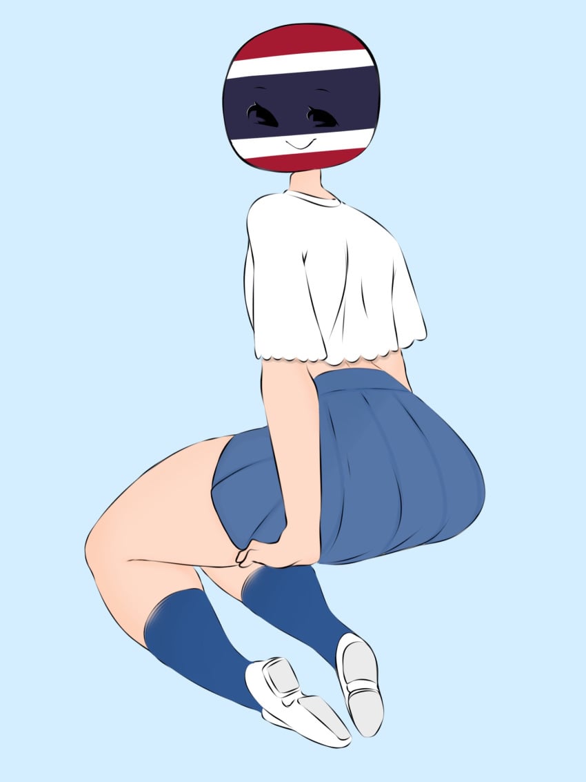 1boy backview clothed clothing countryhumans femboy flag flawsy fully_clothed humanoid male male_only pale_skin shoes sitting skirt solo thai_flag thailand thailand_(countryhumans) trap