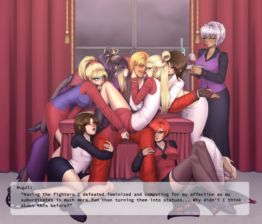 art_of_fighting dialogue fatal_fury geese_howard hand_on_crotch harem high_heels iori_yagami k' karina_tiburmon king_of_fighters kyo_kusanagi lipstick mascara pantyhose rugal_bernstein rule_63 ryuji_yamazaki servants sitting_in_lap snk takuma_sakazaki terry_(snk_heroines:_tag_team_frenzy) terry_bogard