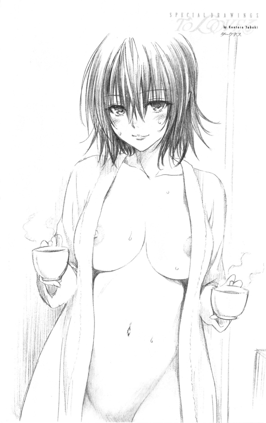 10s absurdres bathrobe belly_button big_breasts breasts coffee cup female greyscale highres light_smile mikado_ryouko monochrome naked_robe naughty_face navel nipple_slip nipples no_bra no_panties nude nude_female official_art open_bathrobe out-of-frame_censoring partially_nude pointy_ears scan school_nurse sketch smile solo tagme to_love-ru to_love-ru_darkness traditional_media wet yabuki_kentarou