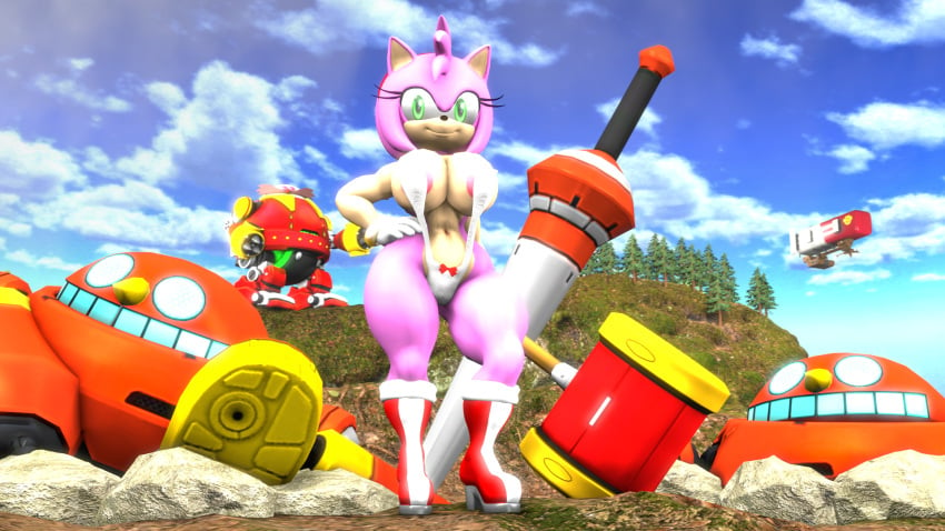 3d amy_rose anotherthrowaway badnik big_breasts bikini boots clothed female footwear hammer handwear sonic_(series) source_filmmaker thick_thighs