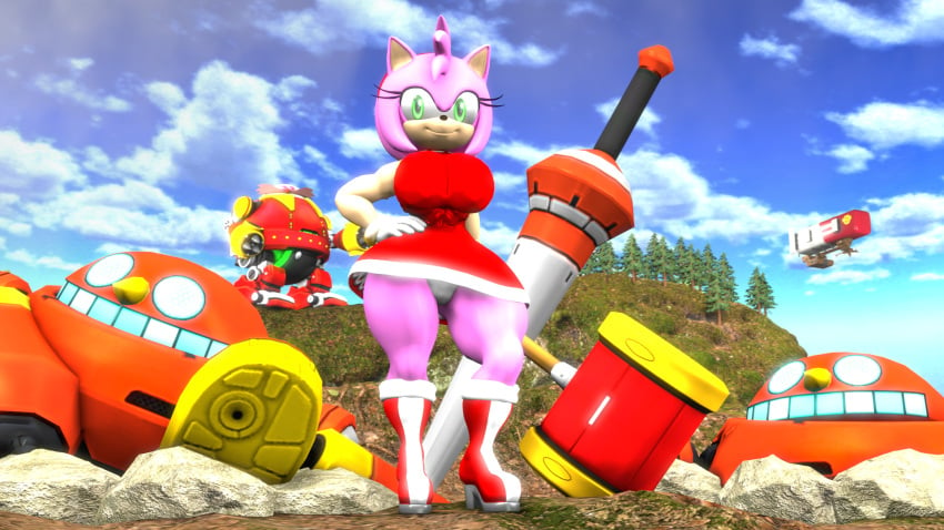 3d amy_rose anotherthrowaway badnik big_breasts boots clothed hammer panties sfw sonic_(series) source_filmmaker thick_thighs