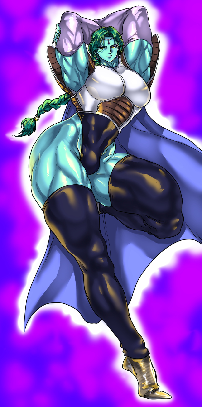 1boy ambush_(trap) armpits blue_skin braid bulge dragon_ball dragon_ball_z femboy girly green_hair hips long_hair looking_down male male_only muscles muscular_femboy muscular_male pose ro88840242 skimpy skintight solo solo_male thick_thighs thighs twunk unconvincing_armor wide_hips yellow_eyes zarbon