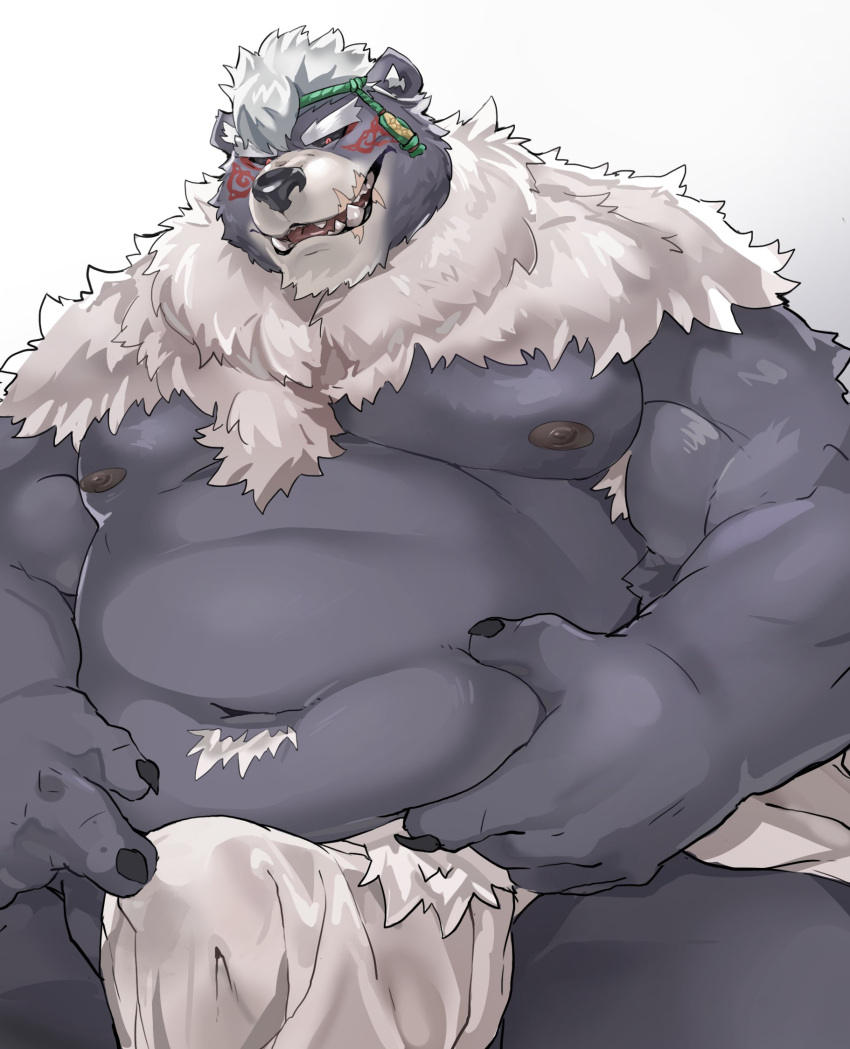 1boy 2021 anthro black_body black_fur bulge clothing fur hi_res humanoid_hands iwbsb_kuma kemono kimun_kamui_(tokyo_afterschool_summoners) male male_only mammal moobs musclegut nipples overweight overweight_male simple_background solo tokyo_afterschool_summoners underwear ursid video_games wen_kamui_(tokyo_afterschool_summoners) white_background