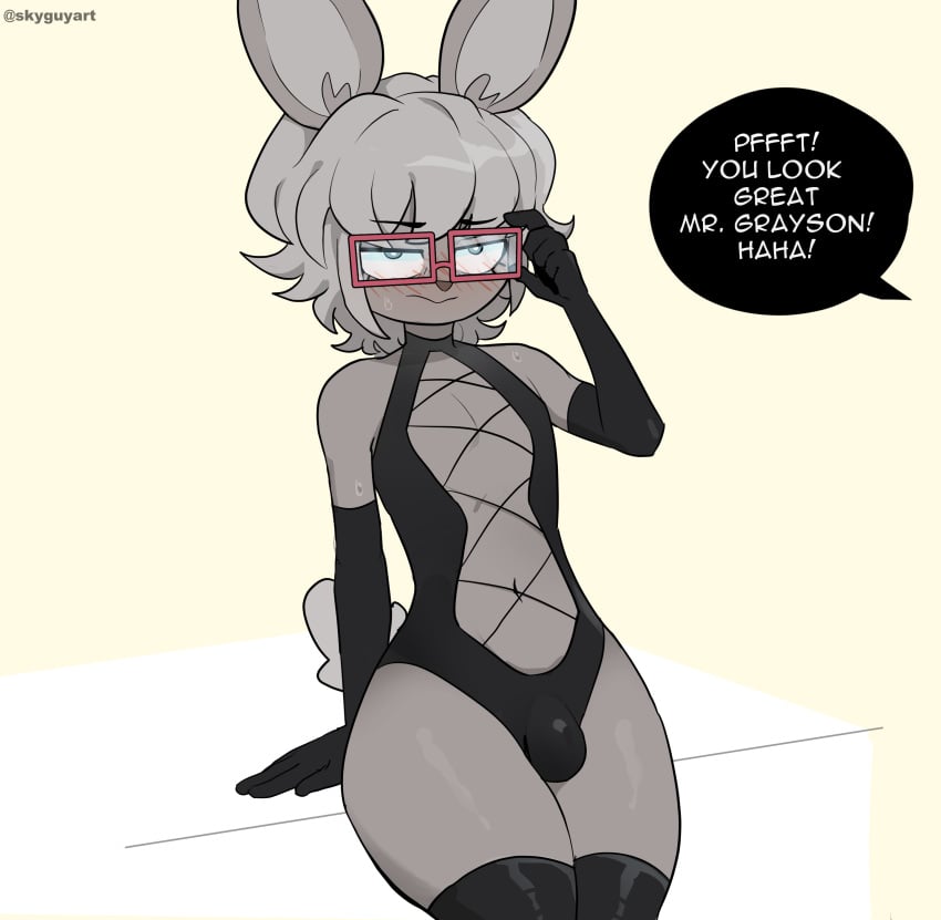 1boy androgynous anthro anthrofied bulge bunny_ears femboy feminine_male flat_chest furry girly glasses grey_fur male male_only mr._grayson ms_pigtails original penis_bulge solo speech_bubble standing text thick_thighs thighs trap