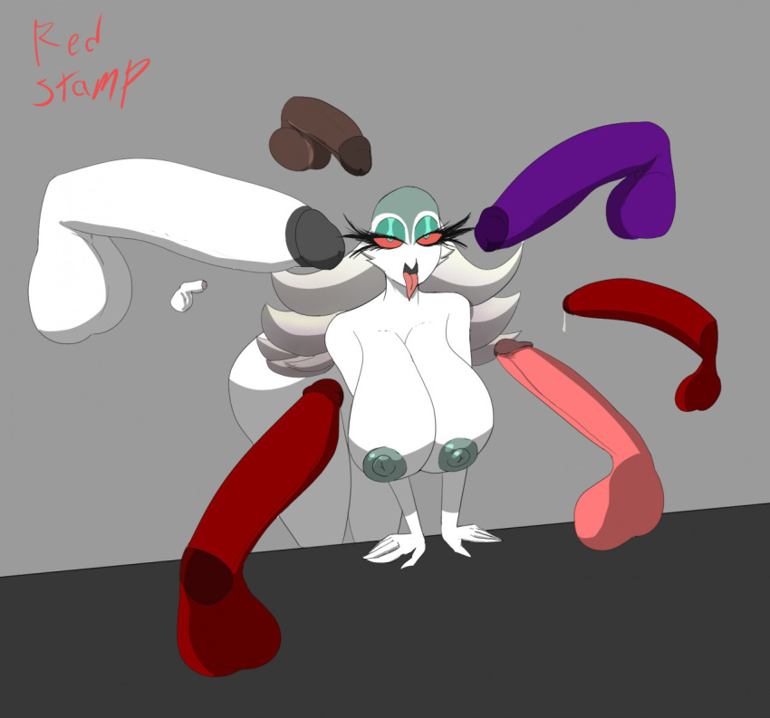 1girls 7boys ahe_gao akiva anthro avian breasts demon erect_nipples eyelashes eyeshadow female green_eyes green_eyeshadow helluva_boss huge_cock multiple_penises owl red_sclera stella_(helluva_boss) tongue tongue_out vivienne_medrano white_body white_feathers