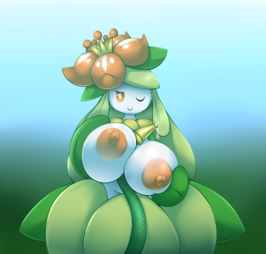 1girls anthro areolae big_breasts blue_background breasts crown female flora_fauna flower garden_hose gradient_background green_background huge_breasts lilligant looking_at_viewer metachoke nintendo nipples one_eye_closed outside paizuri plant pokemon pokemon_bw seductive seductive_look seductive_smile simple_background smile smiling smiling_at_viewer solo solo_focus suggestive suggestive_gesture suggestive_look suggestive_posing video_games water wink winking winking_at_viewer