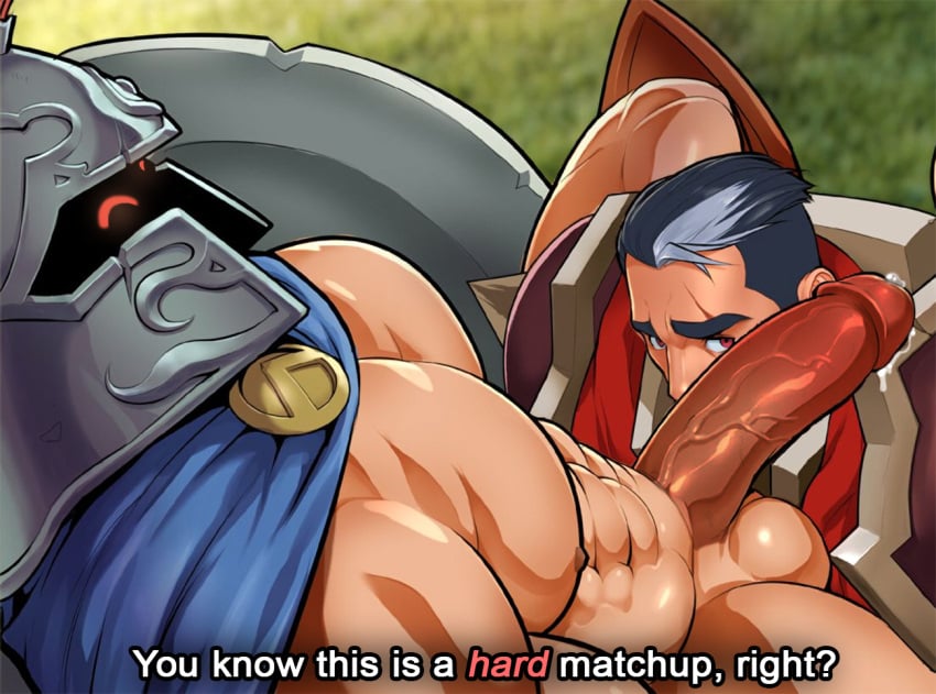 2boys abs armor bara barazoku big_muscles big_pecs big_penis black_hair cum darius_(league_of_legends) dark_hair dialogue dirty_talk gay gray_hair half_naked helmet large_penis league_of_legends looking_at_penis luxuris male_only muscle muscles muscular_male pantheon partially_clothed pecs precum riot_games scar six_pack text white_hair