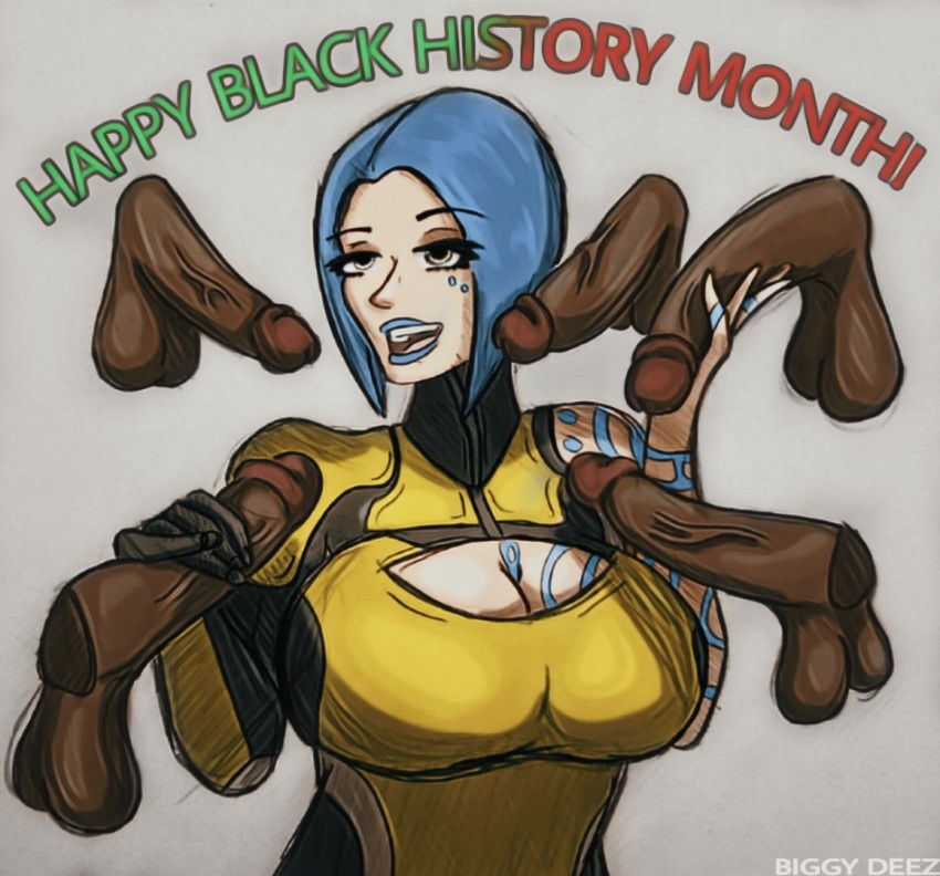 1girls 5boys big_penis biggy_deez black_history_month blue_eyes blue_hair blue_lipstick bob_cut borderlands borderlands_2 dark-skinned_male dark_skin english_text eyeshadow female gearbox_software handjob imminent_oral interracial large_breasts male maya_(borderlands) medium_hair multiple_penises oral pale-skinned_female penis petite raceplay silver_eyes skinny surrounded_by_penises tattoo text uncensored unseen_male_face