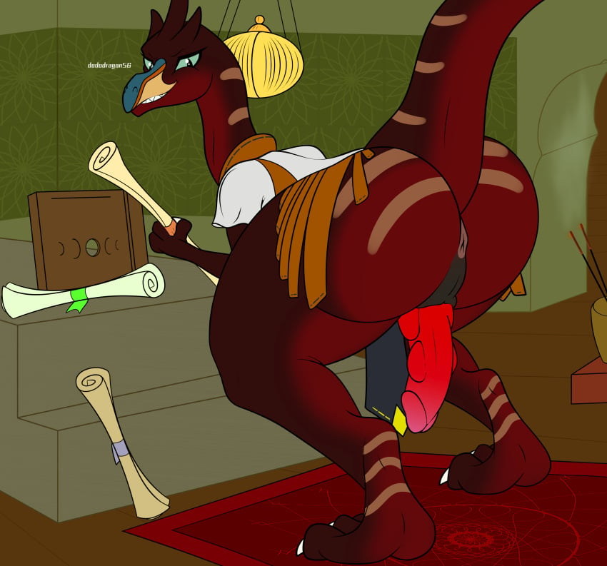 absurd_res anthro anus carpet dinosaur dododragon56 erection flat_colors genitals green_eyes hi_res looking_at_viewer looking_back male mostly_nude nude penis presenting red_body reptile scalie scrolls solo thick_thighs