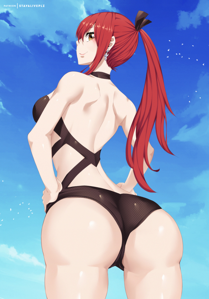 1girls ass beach big_ass bikini bikini_bottom bikini_top breasts erza_scarlet fairy_tail female happy large_breasts nude one-piece_swimsuit red_hair seductive solo solo_female stayaliveplz summer swimsuit tagme