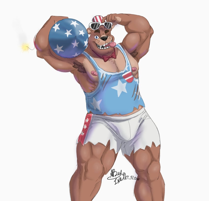 1boy 2020 anthro areola armpit_hair bara barazoku biceps big_arms blue_eyes body_hair bottomwear bow_tie bulge clothed clothing eyewear fangs firework_freddy fireworks five_nights_at_freddy's five_nights_at_freddy's:_special_delivery five_nights_at_freddy's_ar flexing_bicep fnaf freddy_(fnaf) fuse glasses hair hat headgear headwear hi_res holding_object illumix inkart_flow looking_at_viewer male male_only mammal manly muscular nipples one_eye_closed open_mouth pattern_clothing pattern_hat pattern_headgear pattern_headwear pecs pink_tongue raised_arm round_ears scottgames sharp_teeth shirt shorts simple_background smile smoke solo standing star striped_clothing striped_hat striped_headgear striped_headwear striped_top_hat stripes tank_top teeth thick_thighs tongue tongue_out top_hat topwear torn_clothing triceps ursid video_games white_background