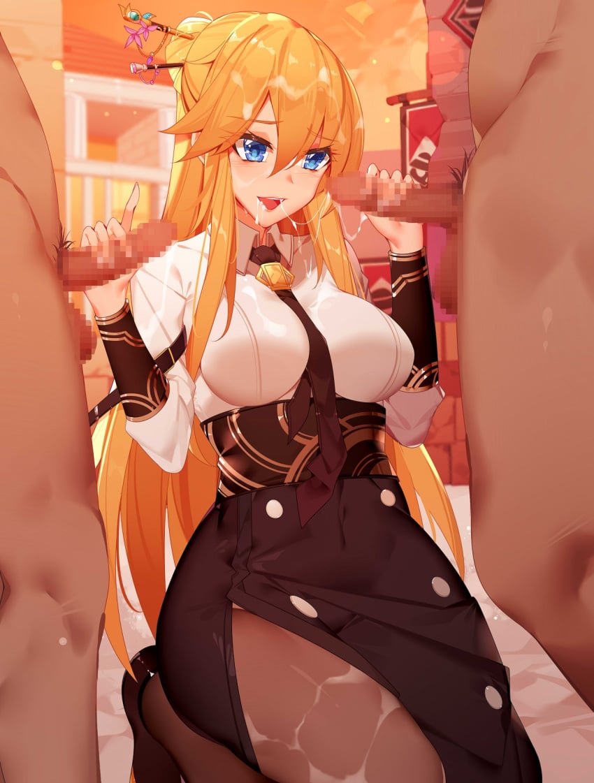 2boys black_legwear blonde_hair blue_eyes breasts clothed_female_nude_male cum cum_in_mouth double_handjob dungeon_and_fighter dungeon_fighter_online facial female hair_bun handjob highres large_breasts long_hair long_sleeves multiple_boys nami_qi necktie nude pantyhose penis thighhighs very_long_hair