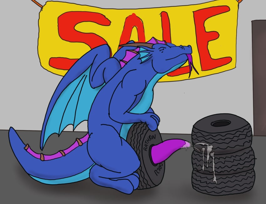 anthro auto_parts cum dragon ejaculation english_text feral genitals hi_res improvised_sex_toy male object_penetration orgasm penis rathkin reptile rubber scalie solo tapering_penis text tire tongue_out