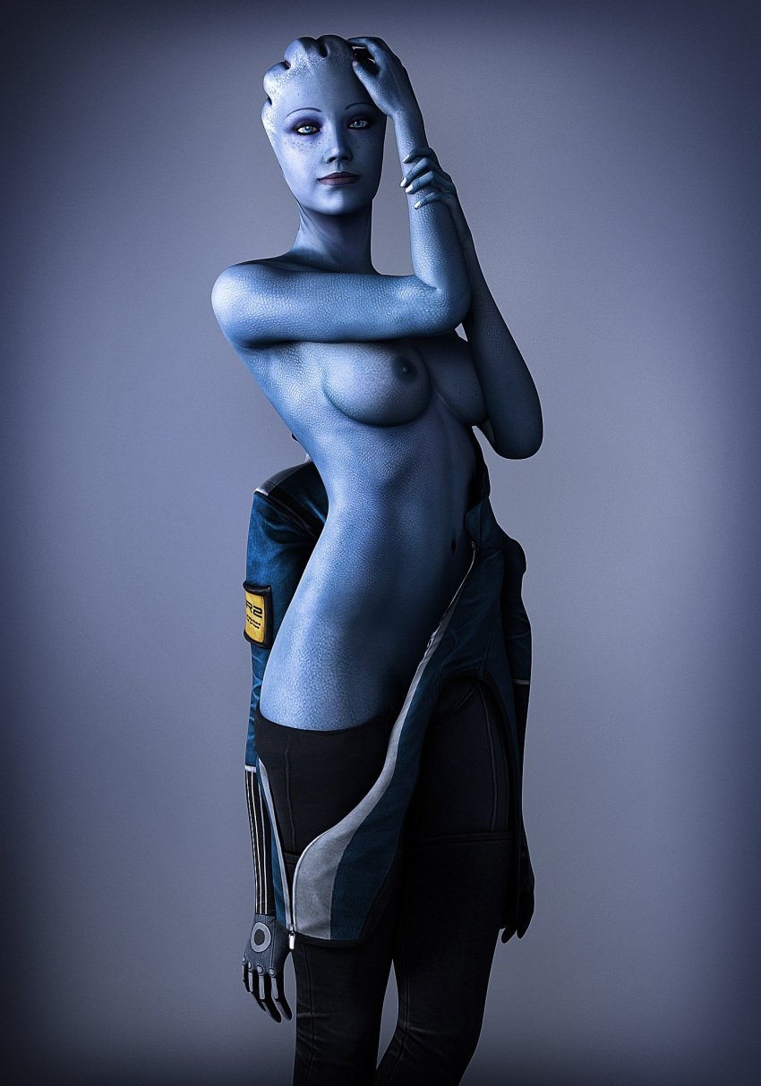 1girls 3d 3d_(artwork) alien alien_girl areolae asari asarimaniac bioware blue_eyes blue_skin breasts female female_only liara_t'soni looking_at_viewer mass_effect medium_breasts nipples pinup scales skinny solo undressing