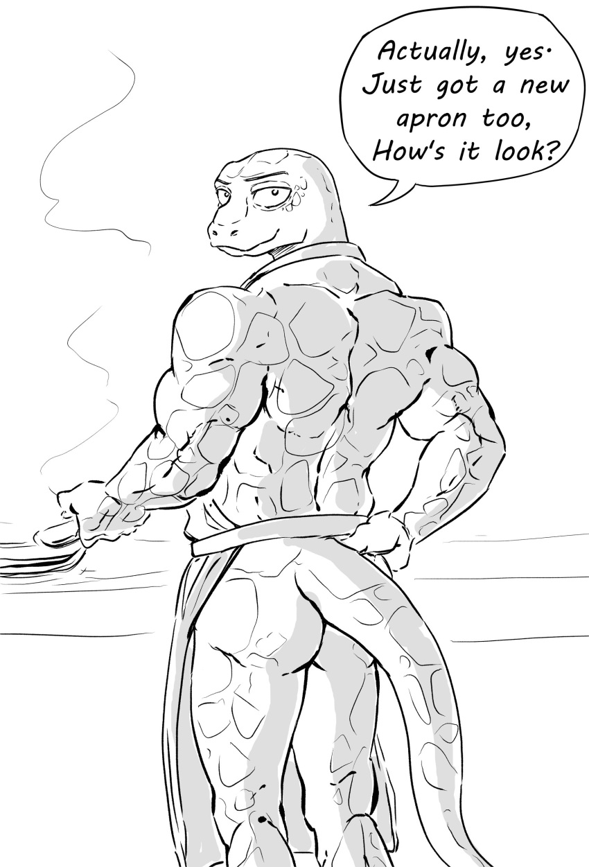 2021 absurd_res anthro apron apron_only ass back_muscles beastars black_and_white clothing cooking dialogue english_text ffog gosha_(beastars) hi_res komodo_dragon lizard looking_at_viewer looking_back male male_only monitor_lizard monochrome mostly_nude muscular muscular_anthro muscular_male rear_view reptile scalie simple_background solo standing text white_background